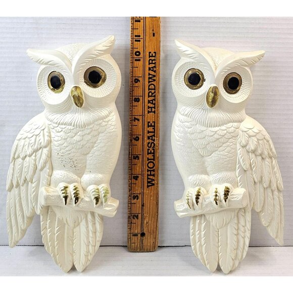 Vintage Chalkware White Owl Wall Plaques Hand-Painted Retro Mid Century Decor - Picture 1 of 12